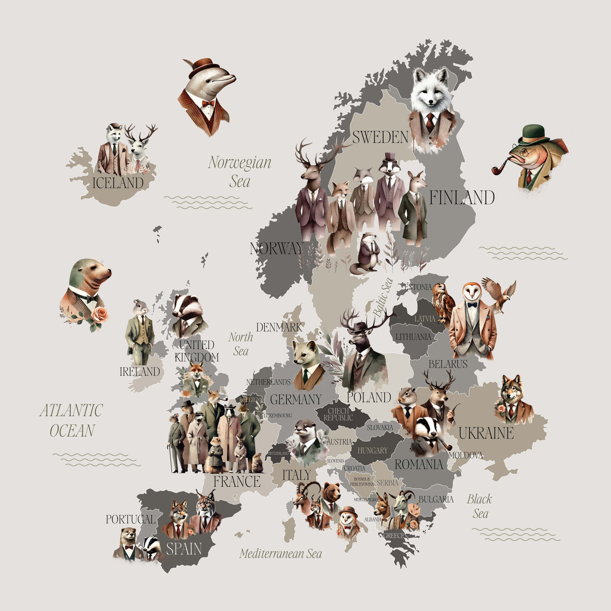Dapper Animals of Europe Wall Mural in your room