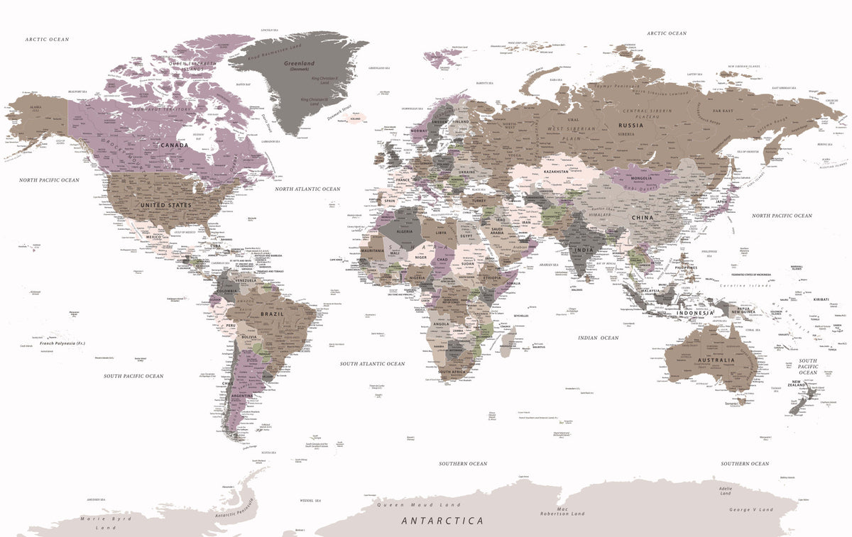 Carte du monde détaillée, tons neutres chauds, fresque murale in your room — zoomed