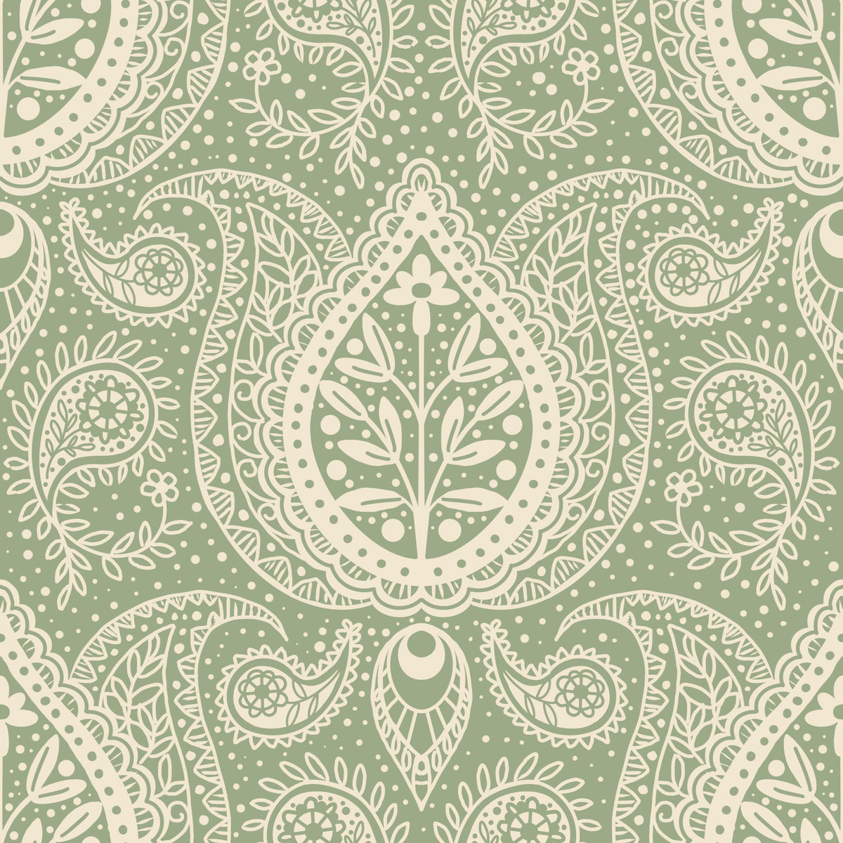 Carta da parati verde salvia con motivo paisley botanico sottile in your room