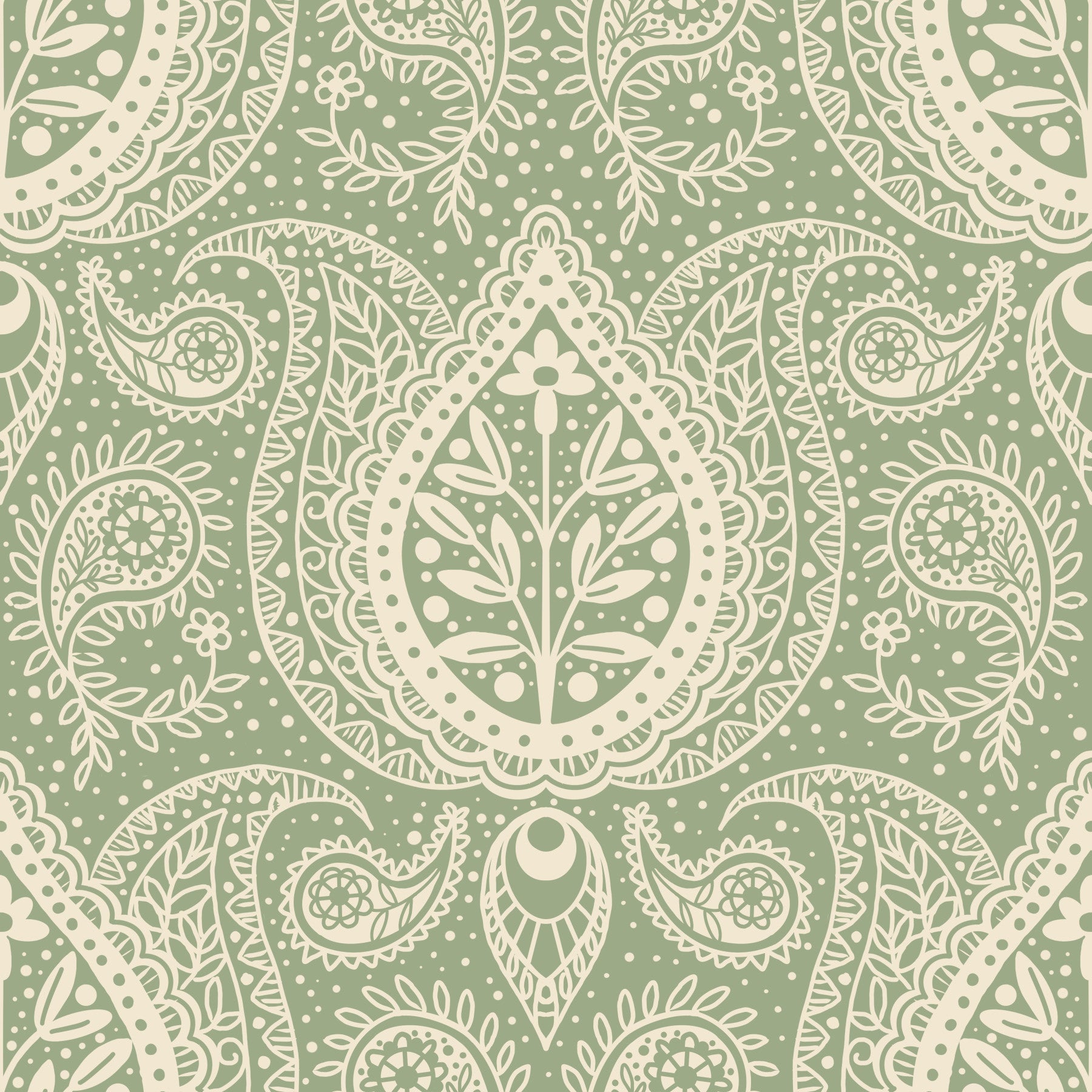 Dezentes botanisches Paisley-Muster – Salbeigrüne Tapete