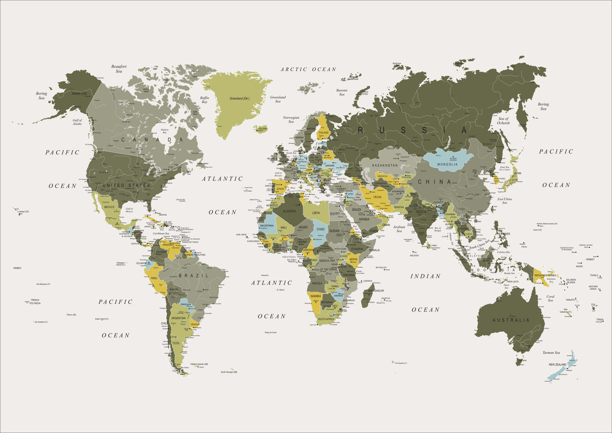 World Map Khaki Green Wall Mural in your room