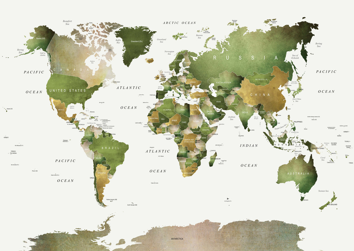 緑の壁の壁画の世界地図 in your room — zoomed