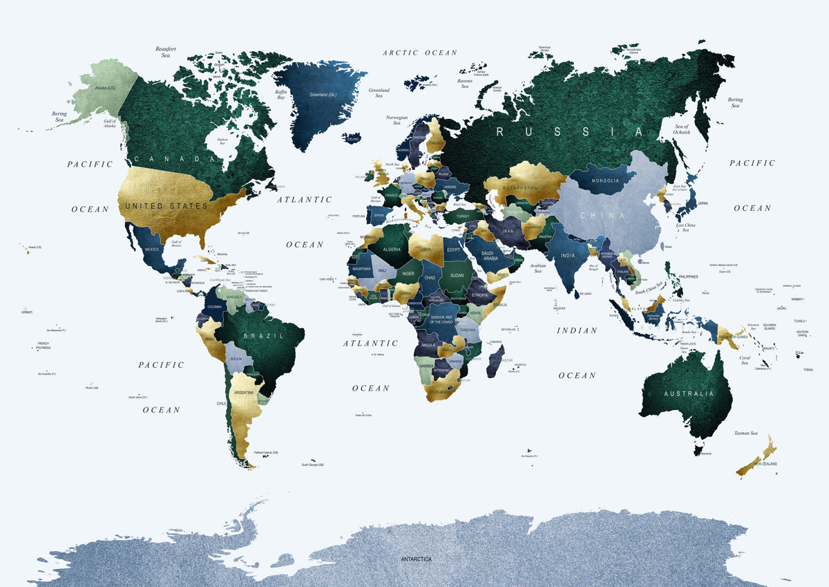 Carte du monde Green Blue Wall Mural in your room — zoomed