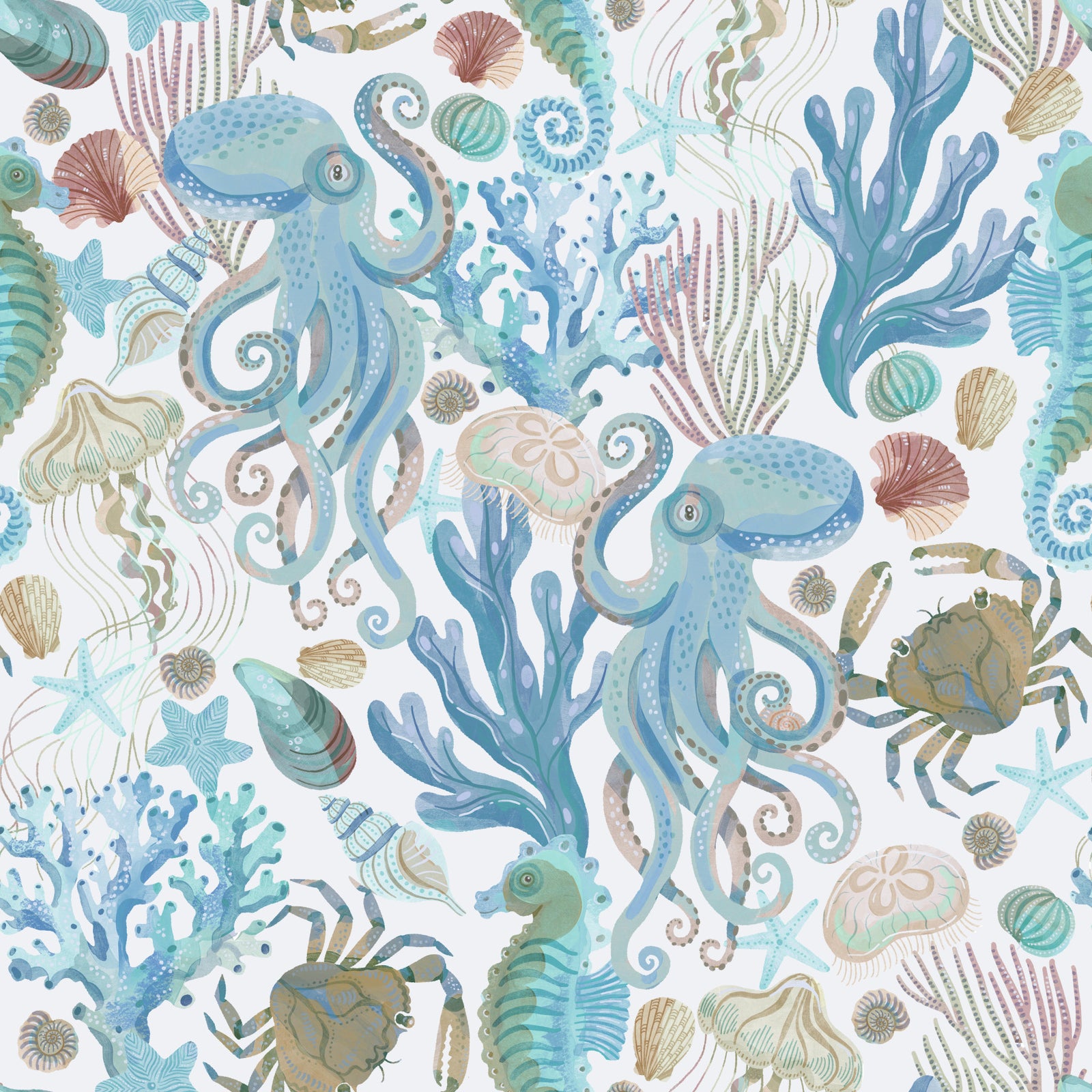 Aqua Coastal Cabin Sea Creatures  Wallpaper⁠