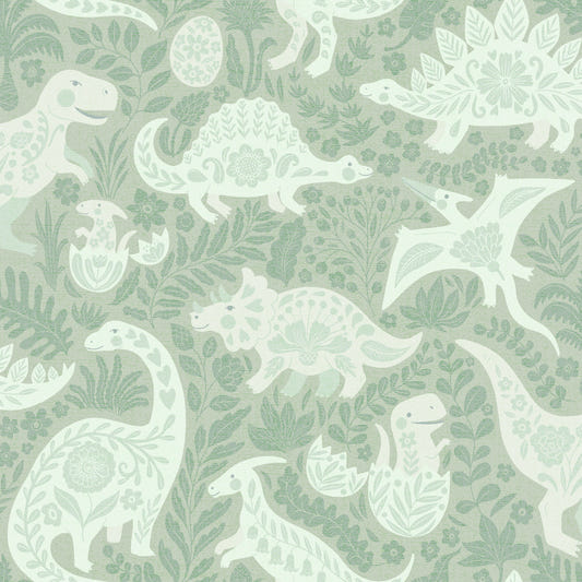 Sage Green Dinosaurs Folk Art Wallpaper⁠