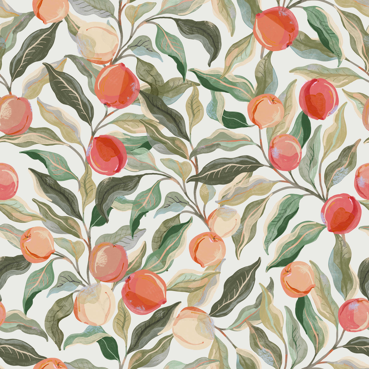 Pfirsichfarbenes, malerisches Kirschmuster-Tapetendesign in your room — zoomed