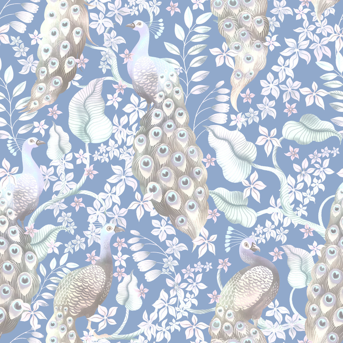 Dove Blue Peacock Paradise Wallpaper⁠ in your room — zoomed