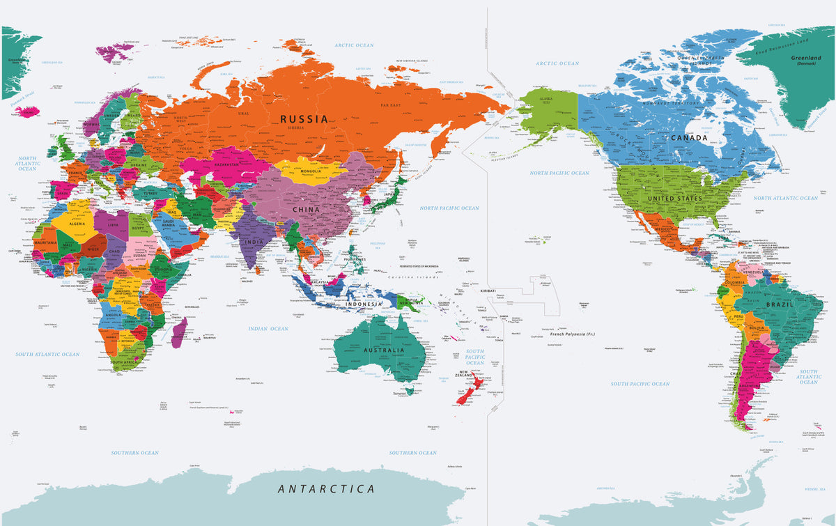Pacific Centred World Map Fun Farver Wall Mural in your room — zoomed