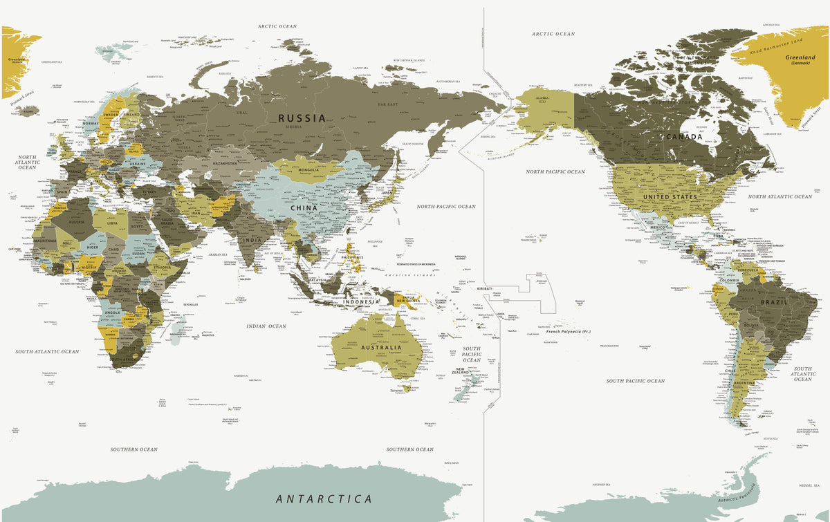 パシフィック中心の世界地図オリーブグリーンウォール壁画 in your room