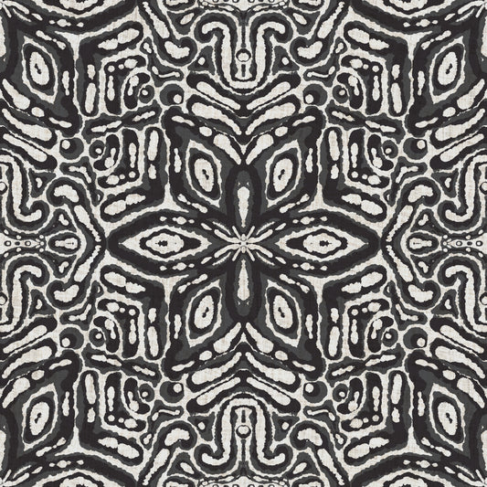 Batik Geometric Flower Black & White Wallpaper⁠