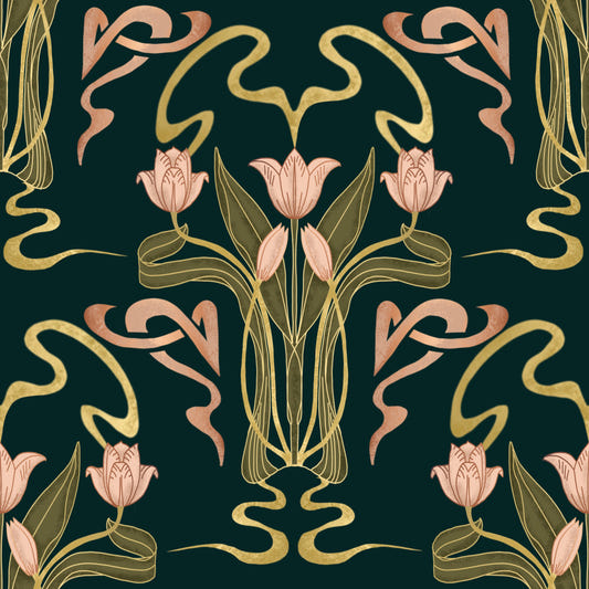 Deco Tulip Bloom - Art Deco Floral Nouveau Deep Forest Wallpaper⁠
