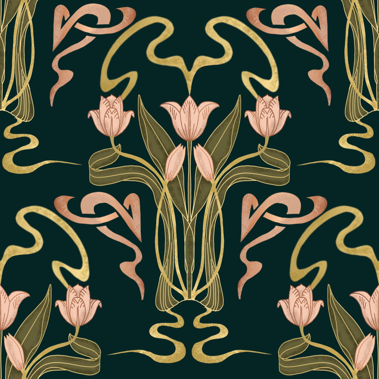Deco Tulip Bloom - Art Deco Blumen Nouveau Deep Forest Tapete⁠