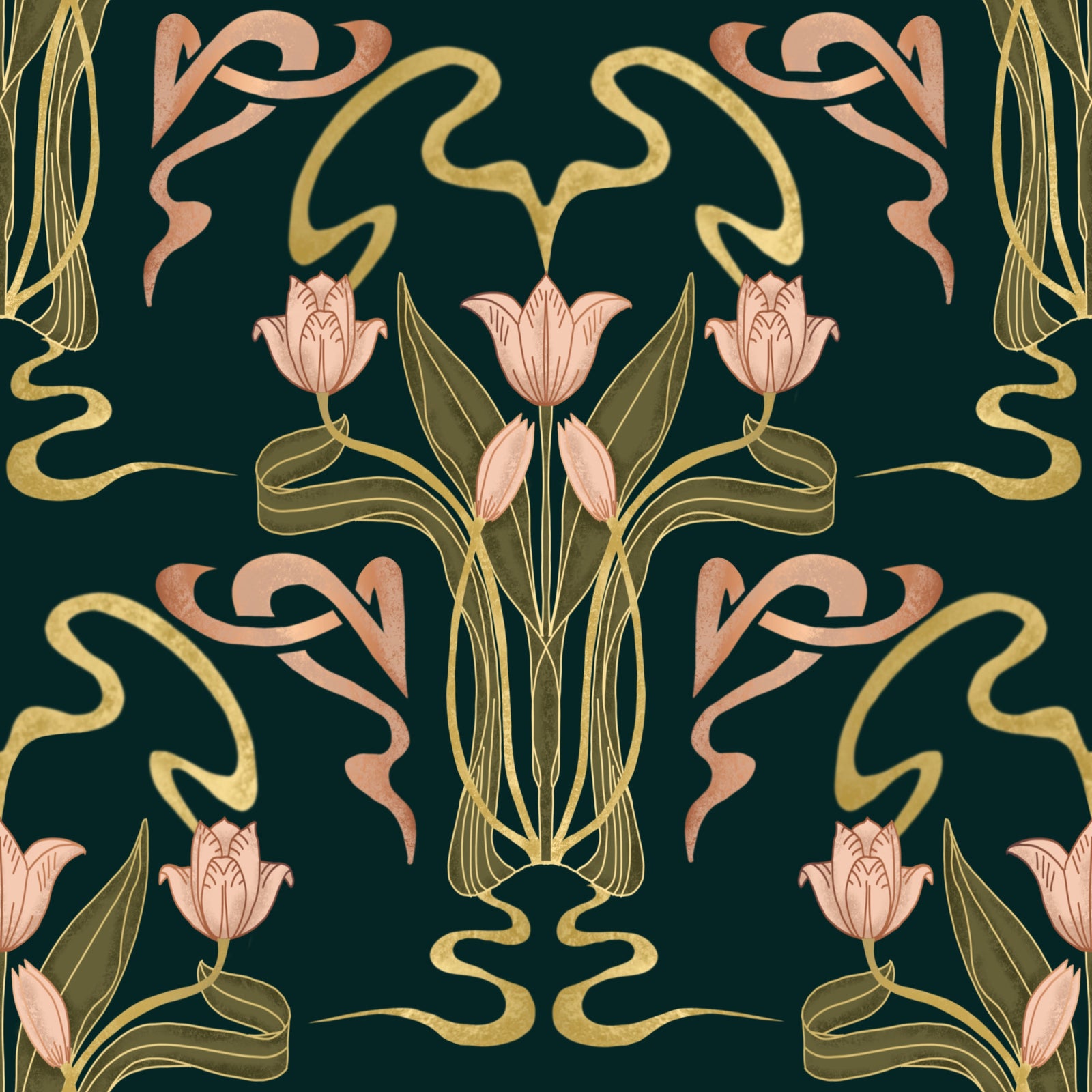 Deco Tulip Bloom - Art Deco Floral Nouveau Deep Forest Wallpaper⁠