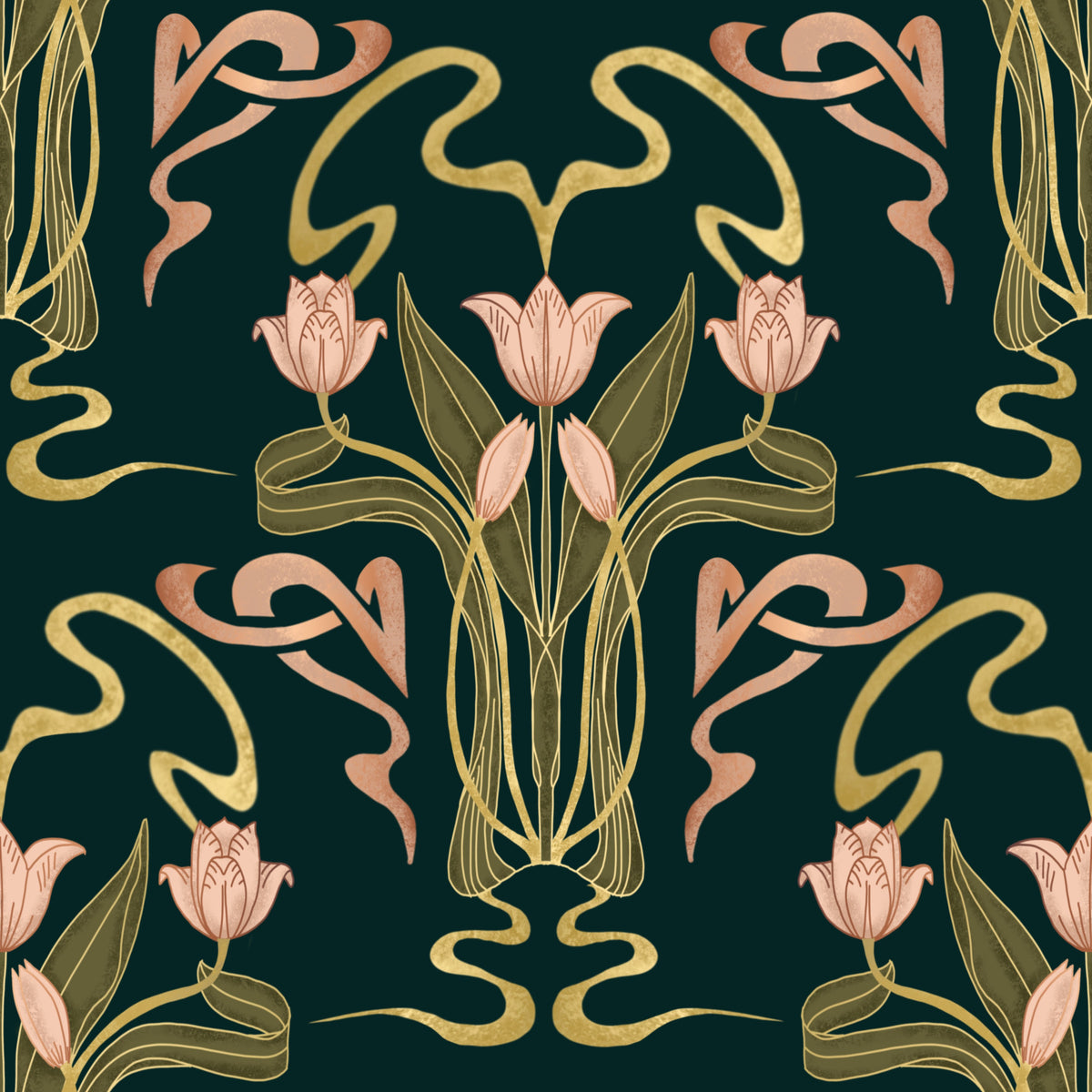 Deco Tulip Bloom - Art Deco Floral Nouveau Deep Forest Wallpaper⁠ in your room — zoomed
