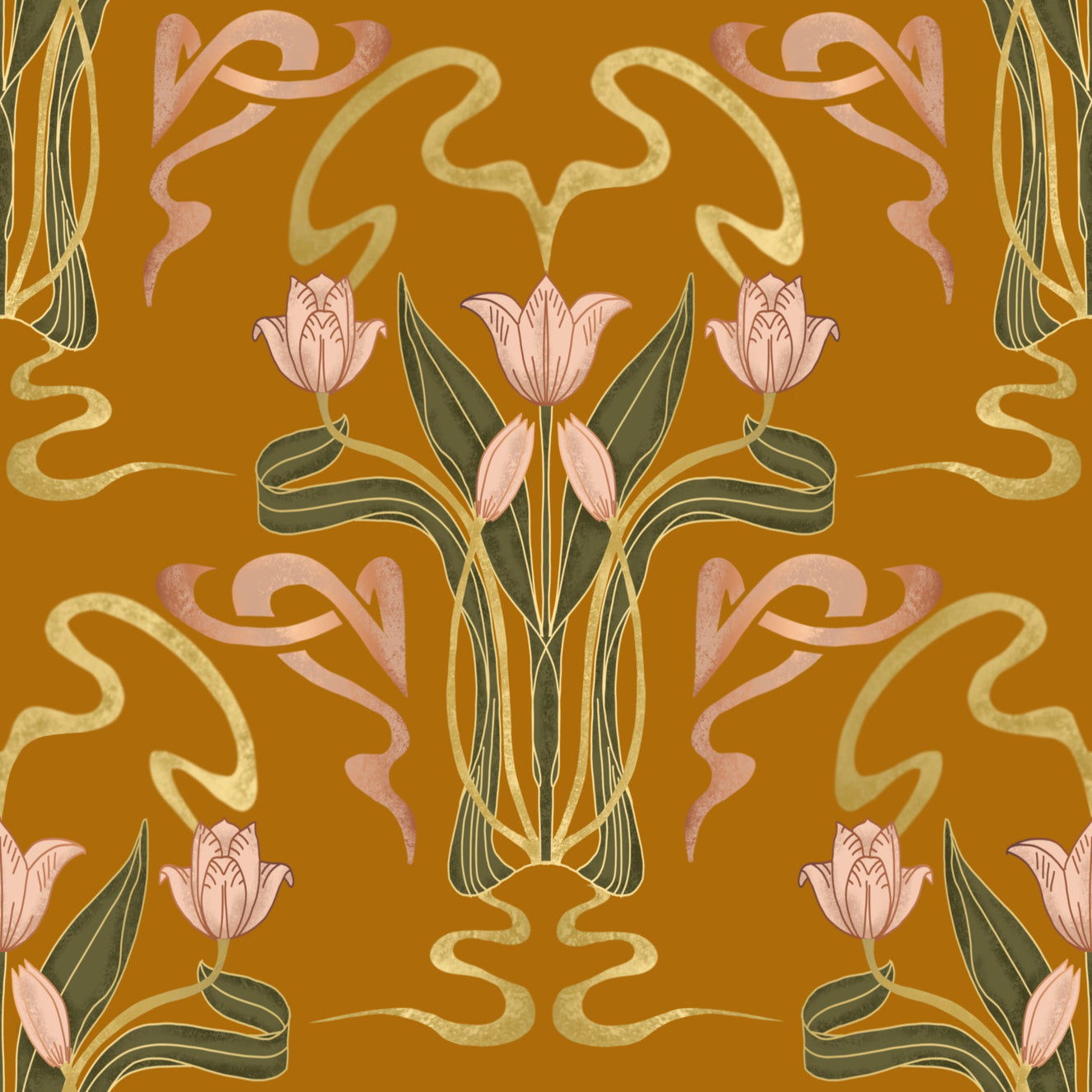 Deco Tulip Bloom - Art Deco Blumen Nouveau Golden Ocker Wallpaper⁠