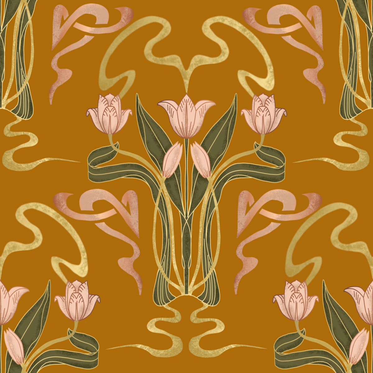 Deco Tulip Bloom - Art Deco Floral Nouveau Golden Ocher -taustakuva⁠ in your room — zoomed