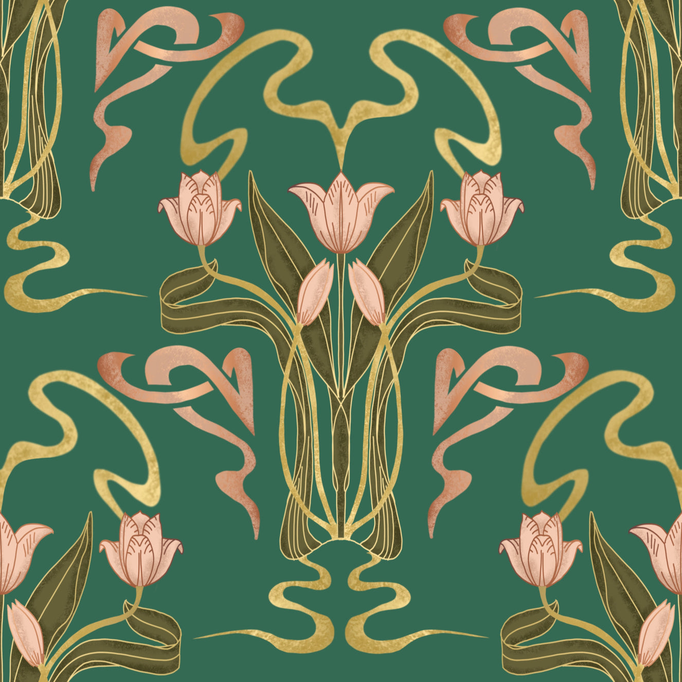 Deco Tulip Bloom - Art Deco Blumen Nouveau Forest Grove Tapete⁠