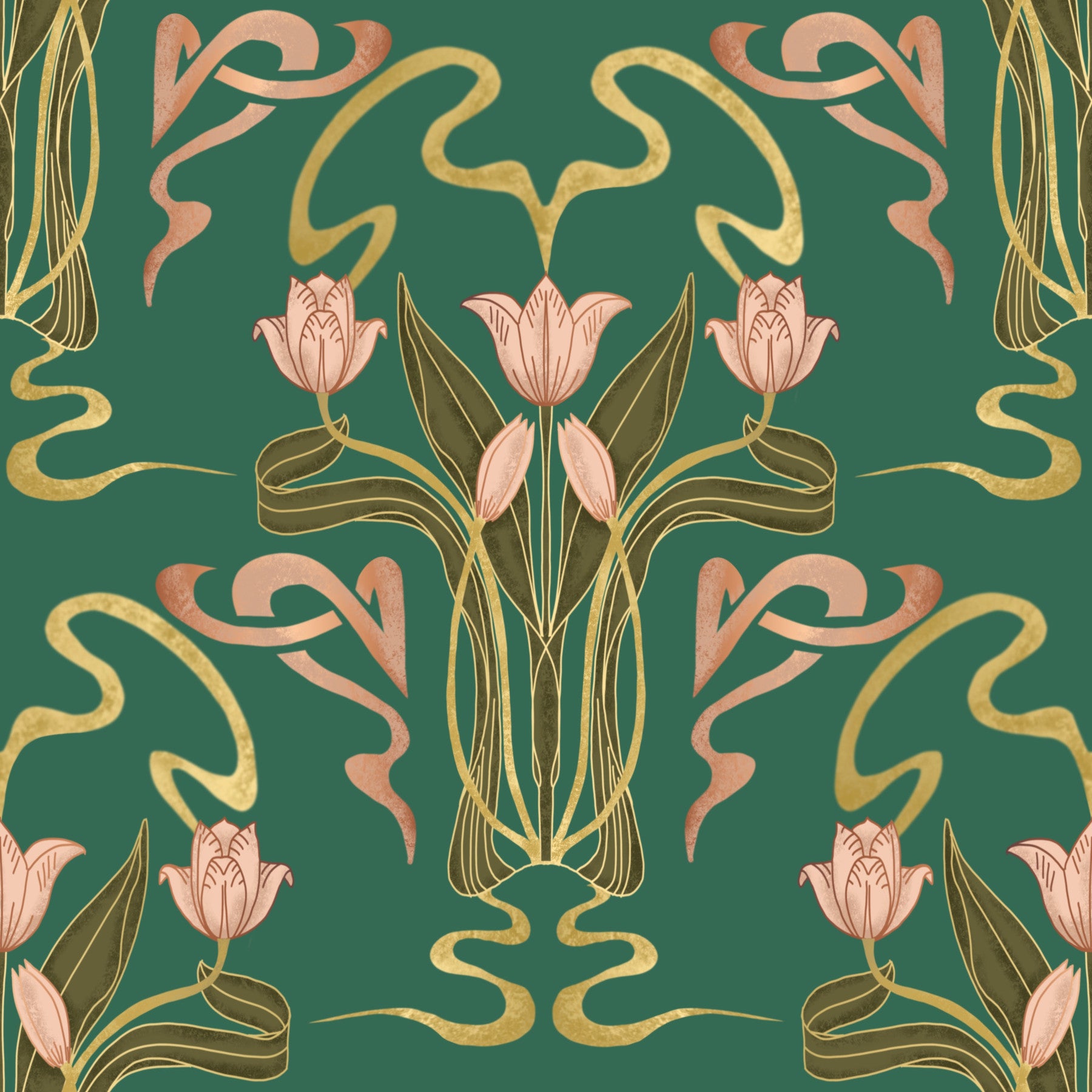 Déco Tulip Bloom - Art déco floral Nouveau Forest Grove Wallpaper⁠