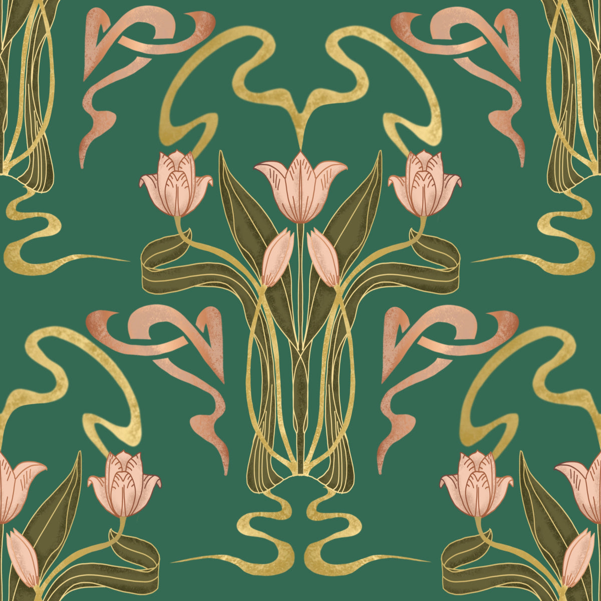 Deco Tulip Bloom - Art Deco Floral Nouveau Forest Grove tapet⁠ in your room — zoomed