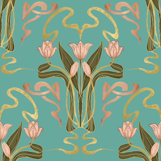 Deco Tulip Bloom - Art Deco Floral Nouveau Serene Aqua tapet⁠