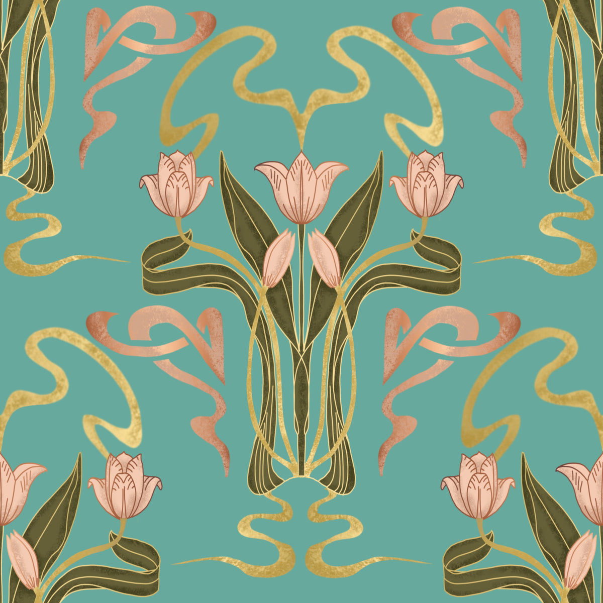 Deco Tulip Bloom - Art Deco Floral Nouveau Serene Aqua -taustakuva⁠