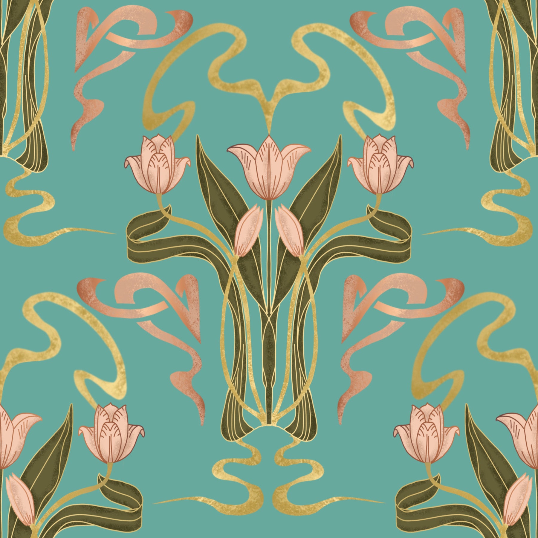 Deco Tulip Bloom - Art Deco Floral Nouveau Serene Aqua -taustakuva⁠ in your room — zoomed