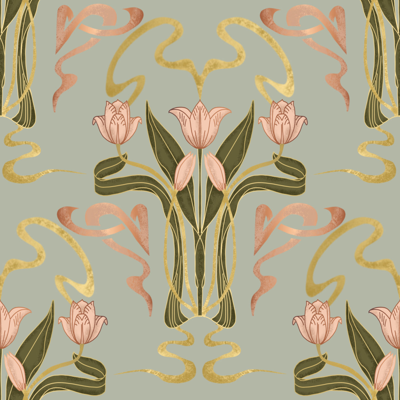 Deco Tulip Bloom - Art Deco Floral Nouveau Mut Sage Grey Wallpaper⁠