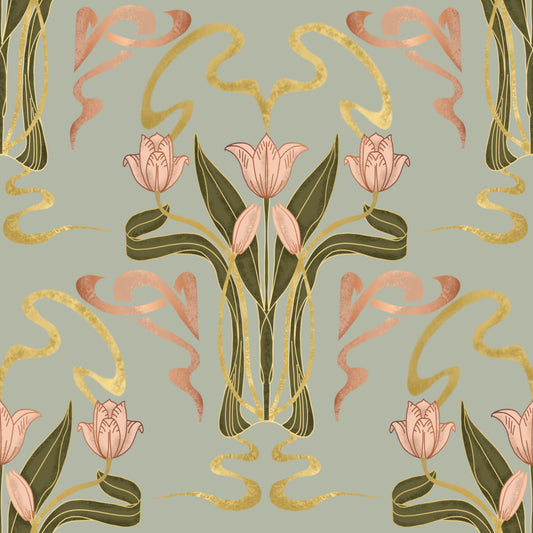 Deco Tulip Bloom - Art Deco Floral Nouveau Mut Sage Grey Wallpaper⁠