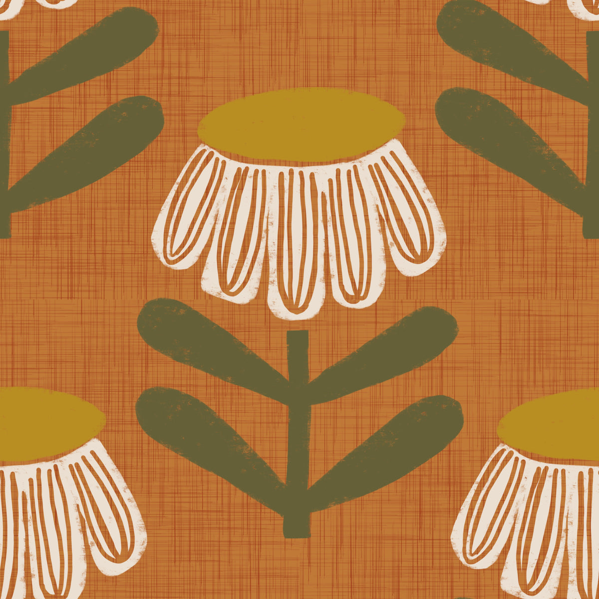 Retro florale orange - Mitte des Jahrhunderts moderne Daisy Wallpaper⁠ in your room — zoomed