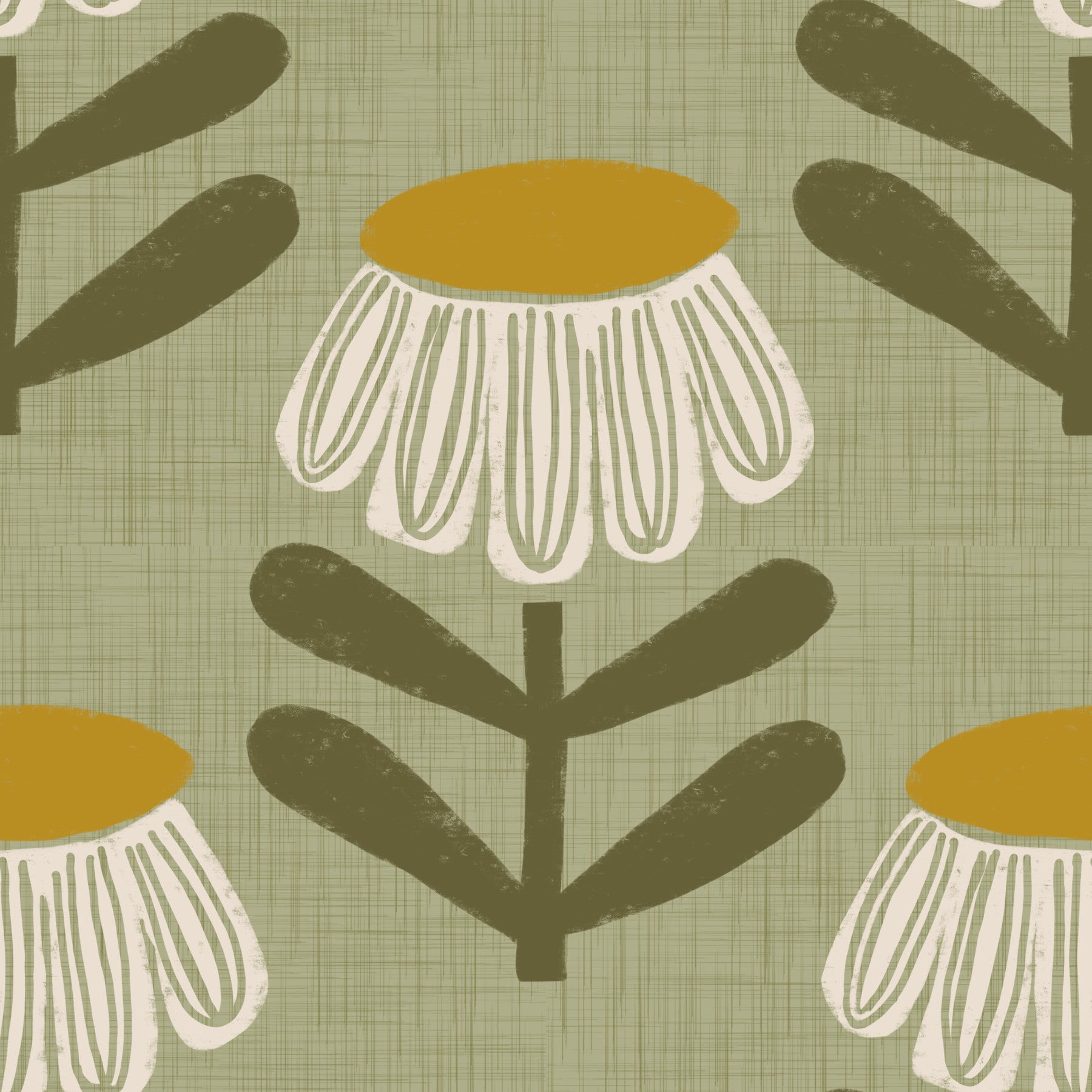 レトロフローラルセージ-Mid Century Modern Daisyの壁紙⁠