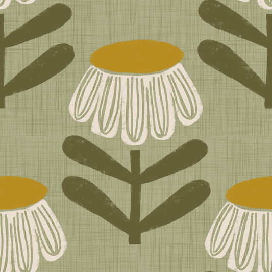 Retro Floral Sage - Mid Century Modern Daisy Wallpaper⁠
