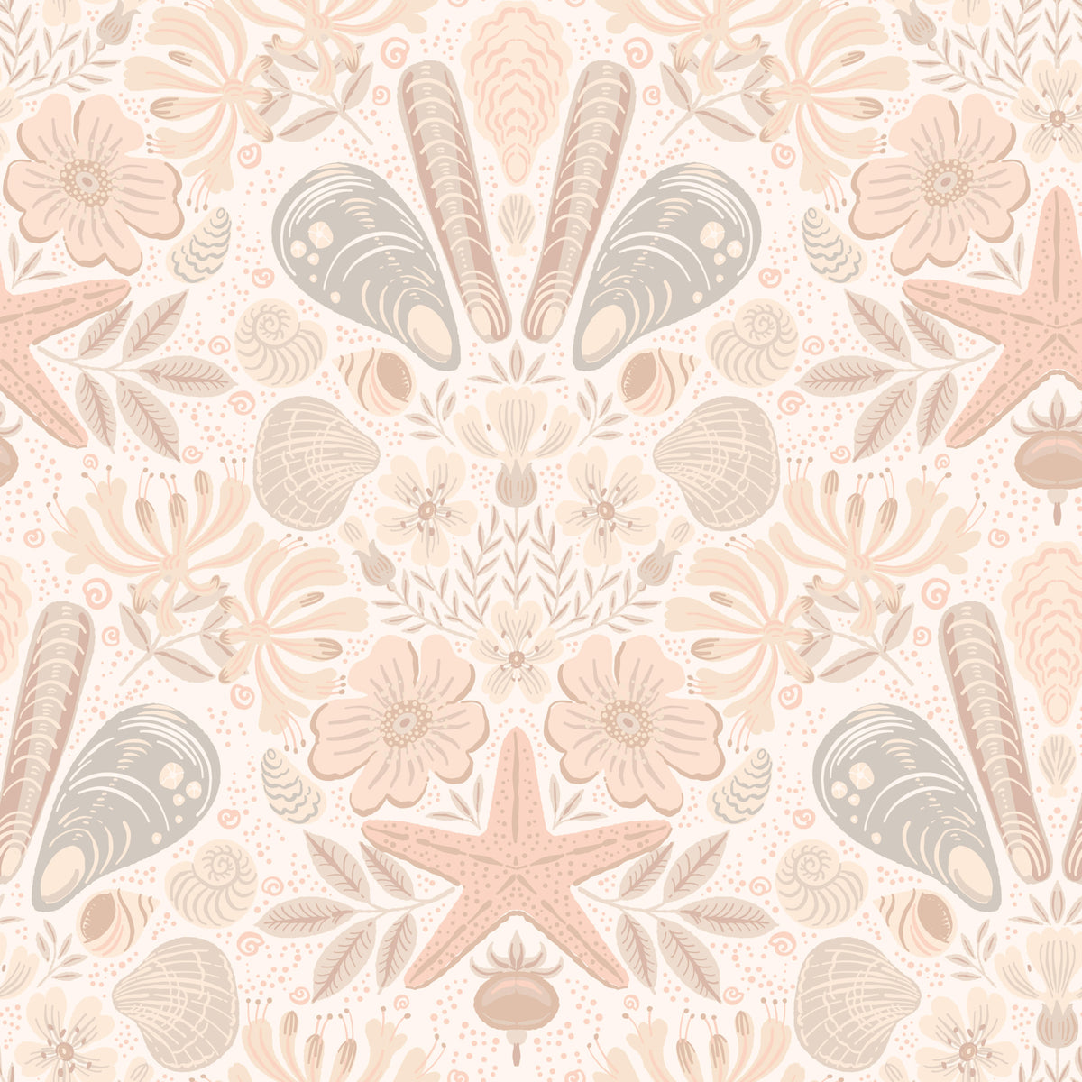 Scandinavian Beach Flora Damask Blush Wallpaper⁠