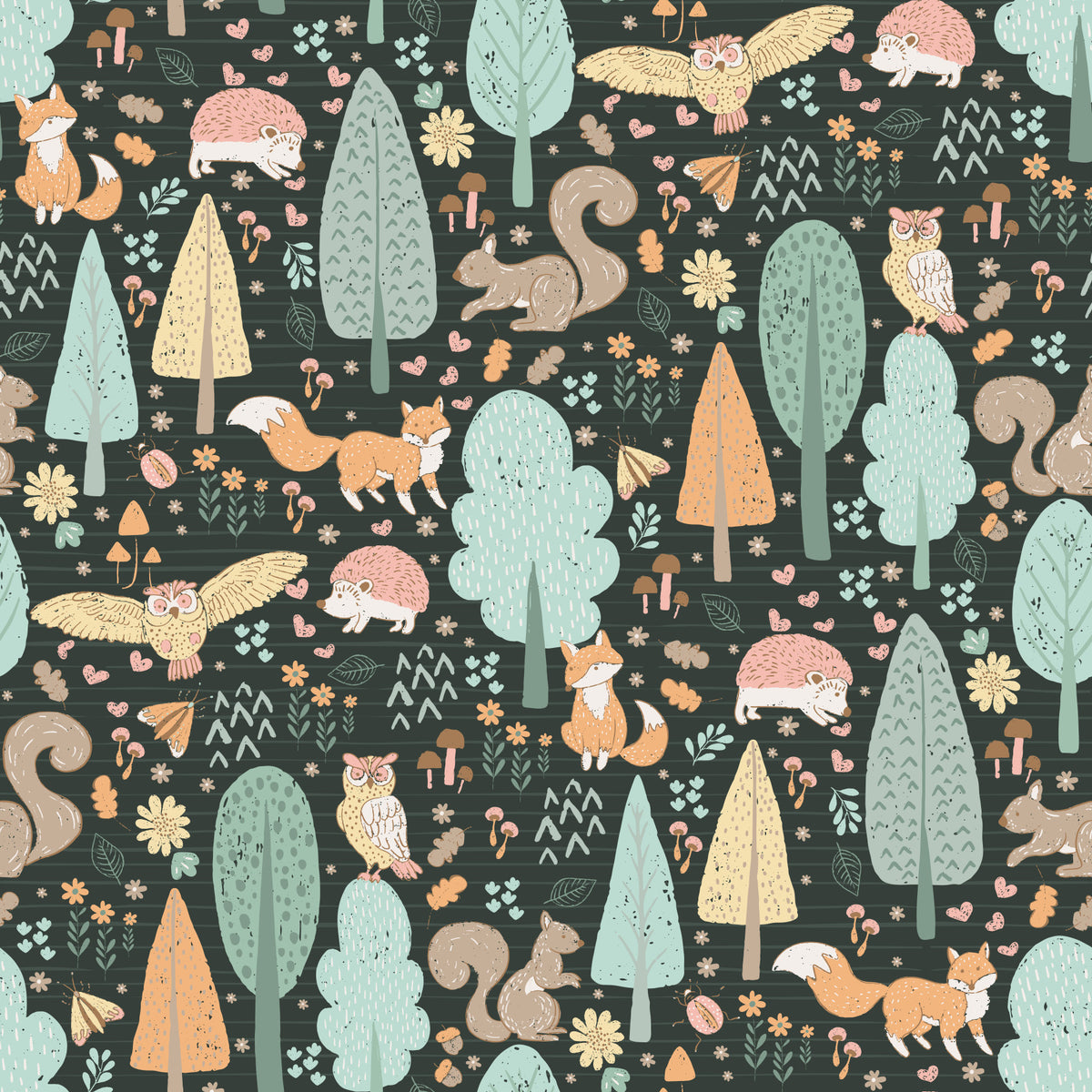 Playful Woodland Nursery Animals Dark Green Background Wallpaper⁠