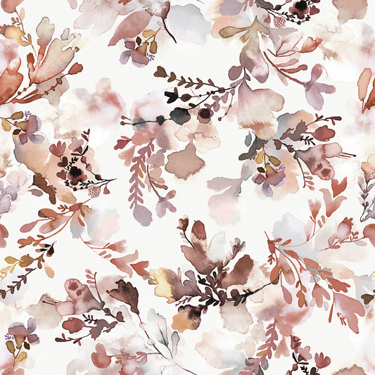 Papel de parede terracota com flores em aguarela estilo Chinoiserie