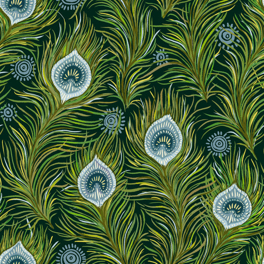 Boho Chic Peacock Feathers - Blue and Green - Dark Wallpaper⁠