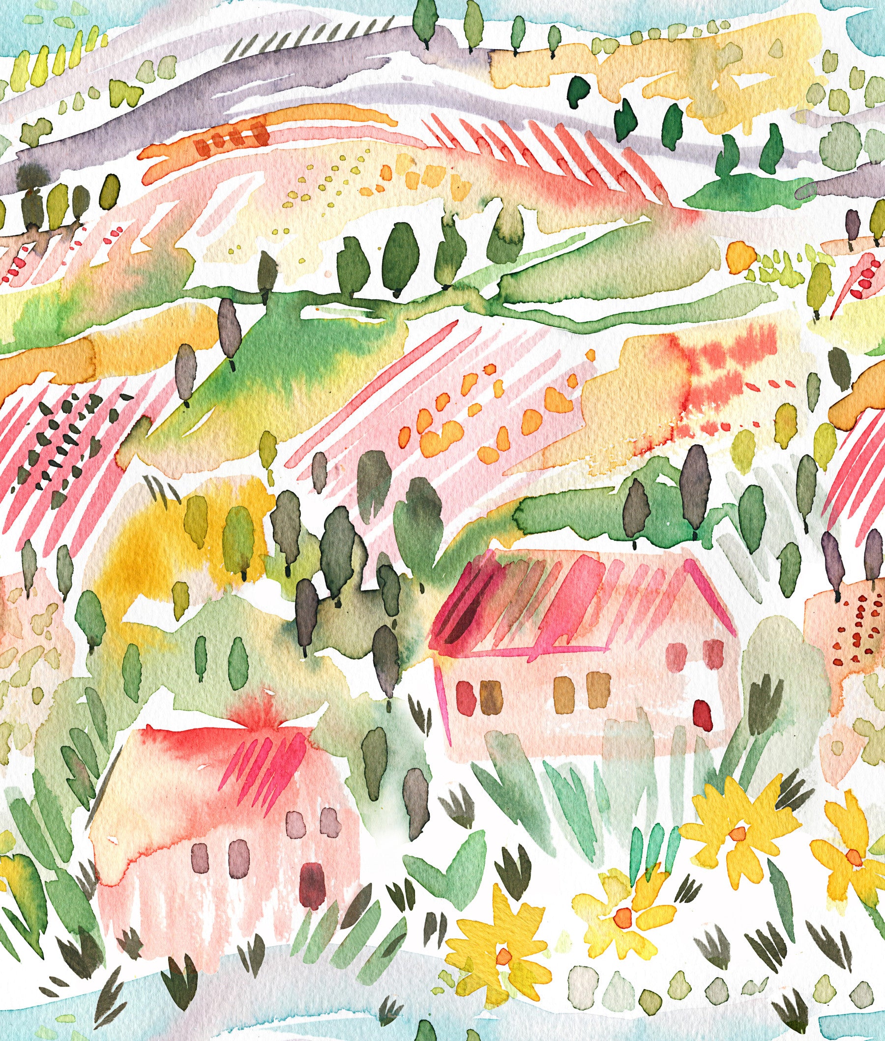 Landschaft Toskana Aquarell Wallpaper⁠ in your room — zoomed
