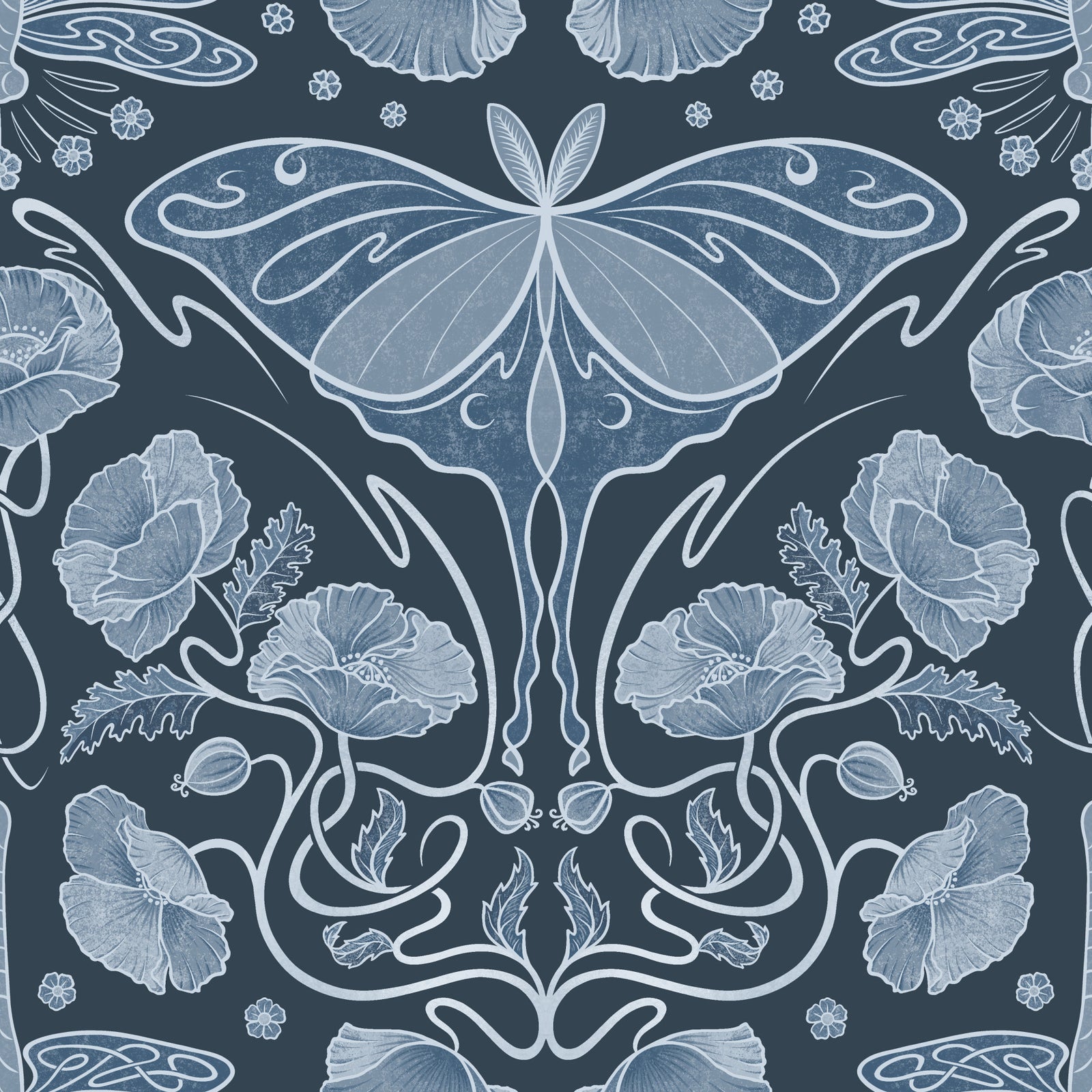 Art Nouveau Poppies & Luna Moth Blue Wallpaper