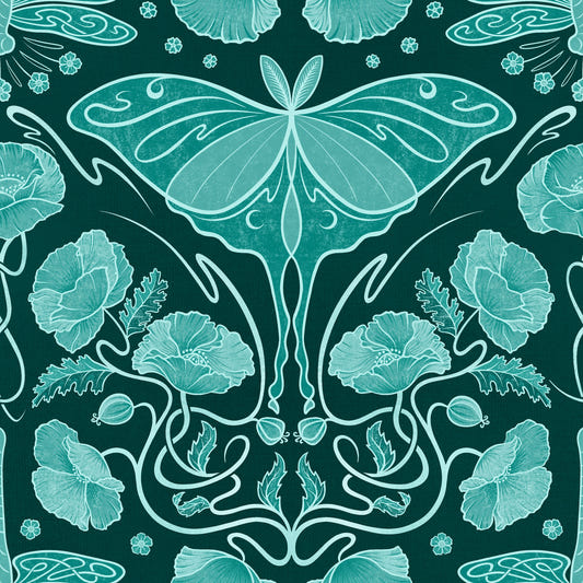 Art Nouveau Poppies & Luna Moth Teal Wallpaper⁠