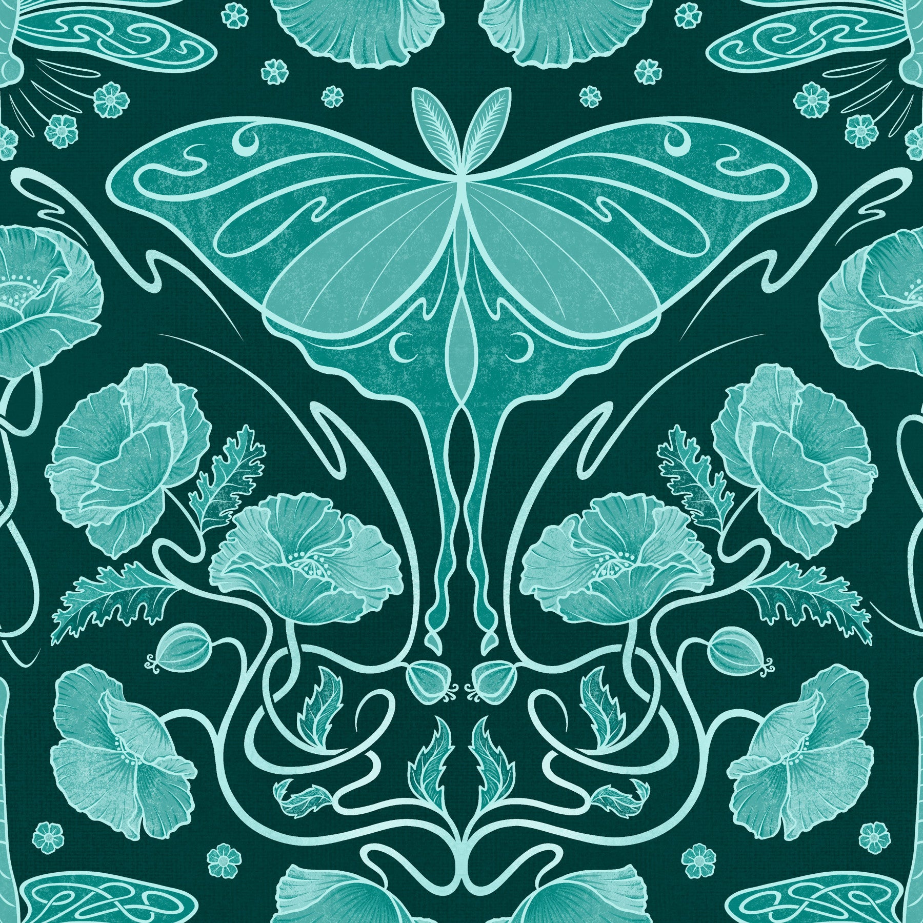 Art Nouveau Poppies & Luna Moth Teal Wallpaper⁠