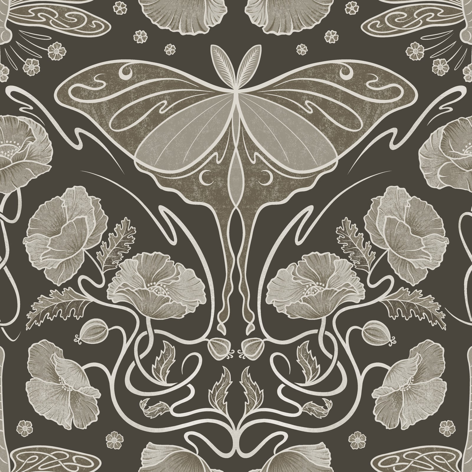 Art Nouveau Poppies & Luna Moth Sepia Wallpaper Wallpaper⁠