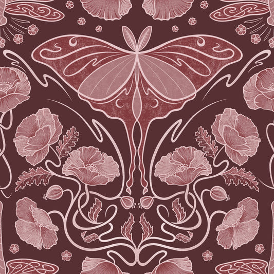 Art Nouveau Poppies e Luna Moth Crimson Wallpaper Wallpaper⁠