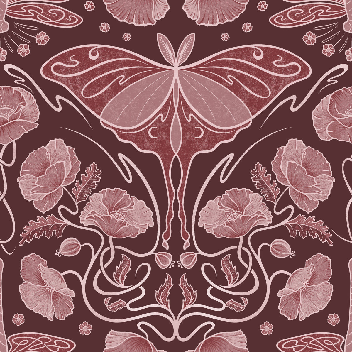 Art Nouveau Poppies & Luna Moth Crimson Wallpaper Wallpaper⁠
