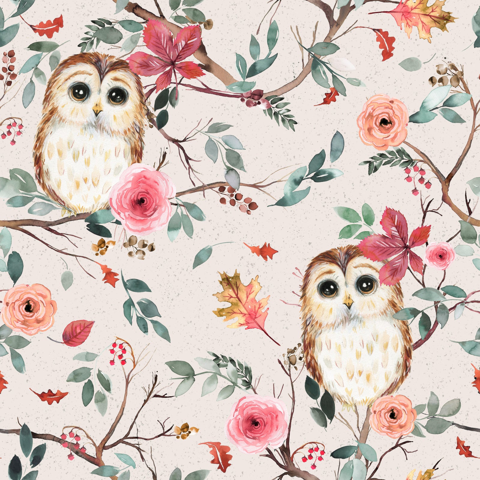 Owls Tree Relaxing Green Red Wallpaper⁠