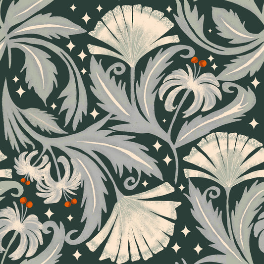 Vintage Botanica Forest Noir - Heritage Revival Floral  Wallpaper⁠
