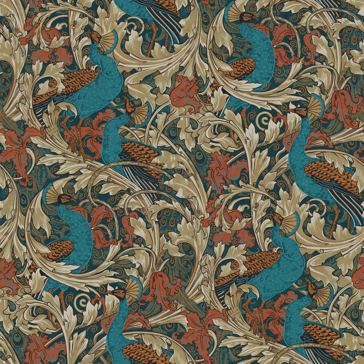 Jardin de paon par Walter Crane dans un papier peint beige moutarde à moutarde à la rouille turoise⁠