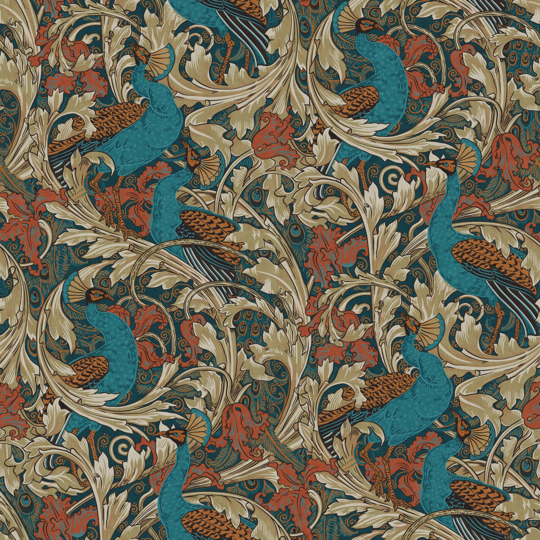 Jardin de paon par Walter Crane dans un papier peint beige moutarde à moutarde à la rouille turoise⁠ in your room — zoomed