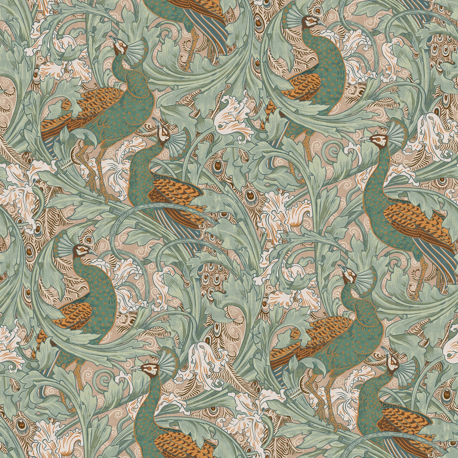 Jardin de paon par Walter Crane en fond d'écran de moutarde vert beige⁠