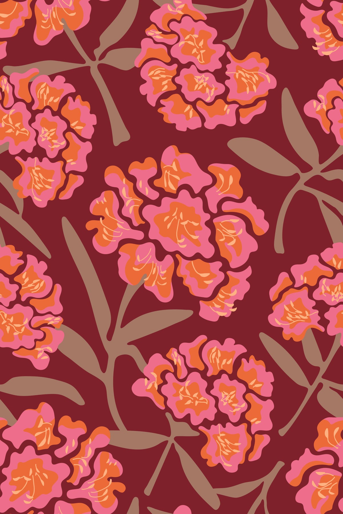 Rhododendrons Retro Floral Mocha Mousse Wine Wallpaper Red⁠ in your room