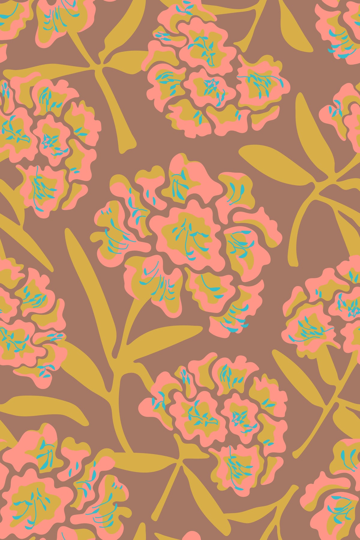 Rhododendrons Retro Floral Blush Pink Mustard Yellow Mocha Mousse Wallpaper⁠ in your room