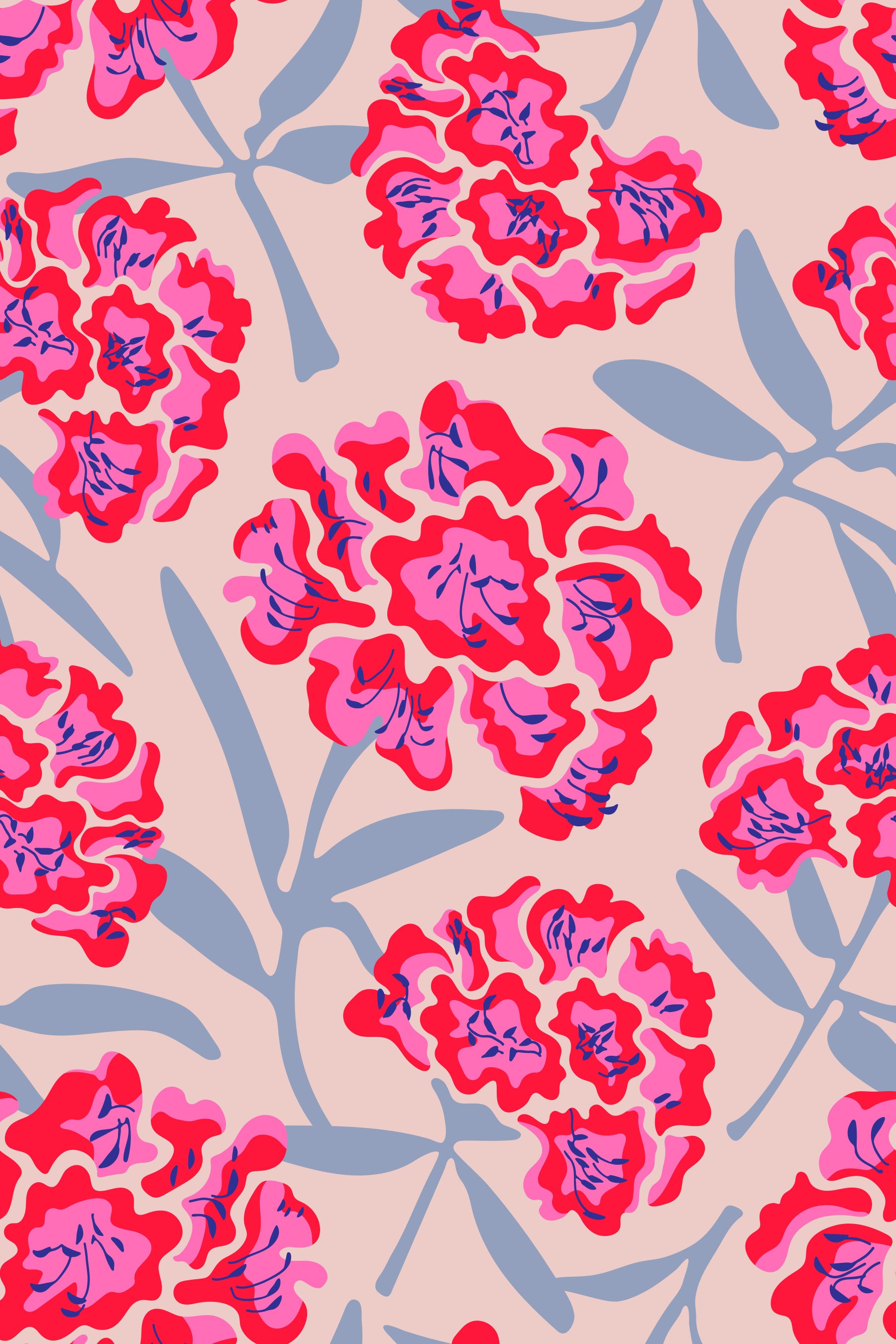 Rhododendrons Retro Floral Fuchsia Pink Red Lavender Wallpaper⁠